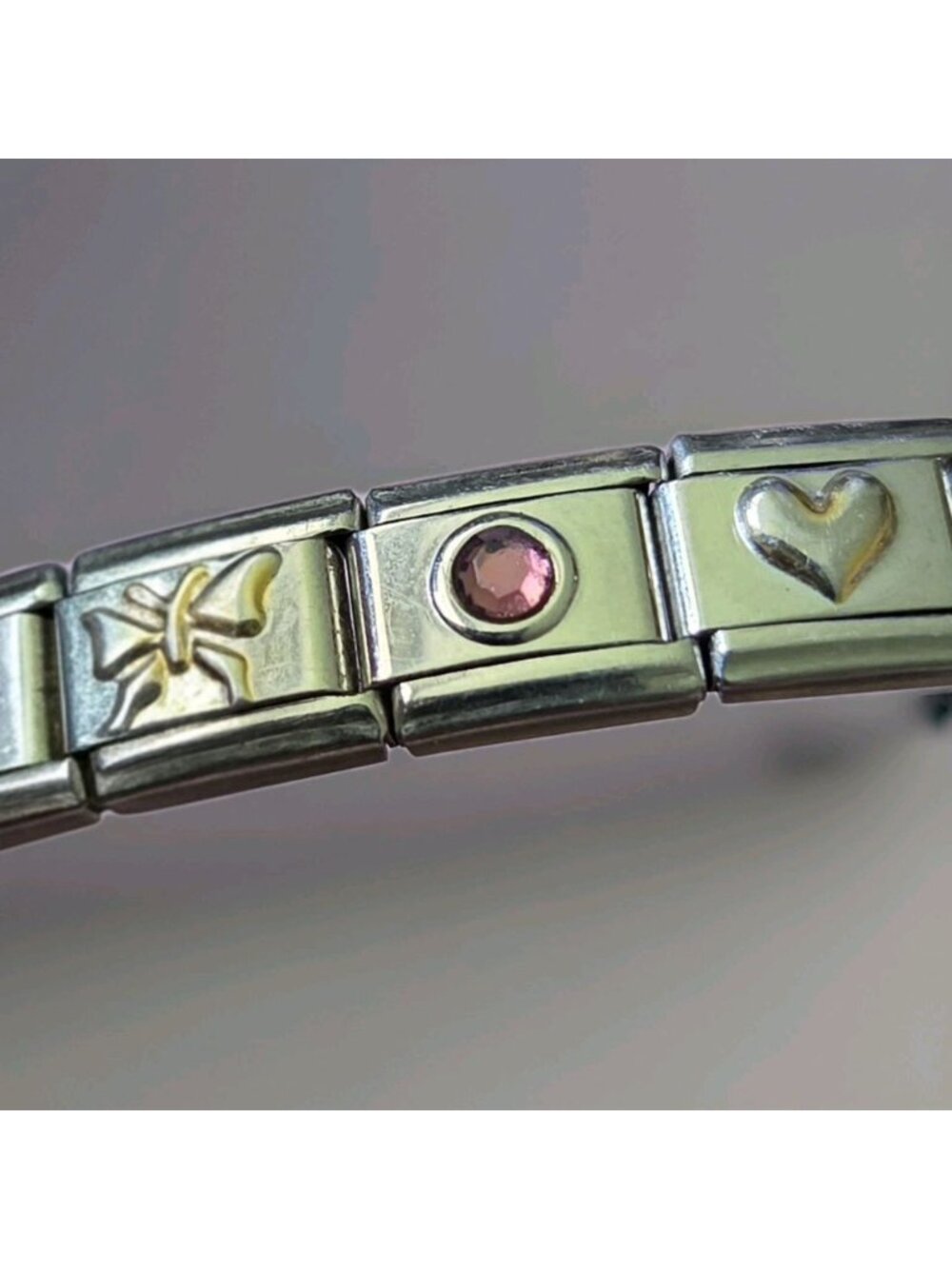 Vintage Stainless Steel Italian Charm Bracelet Rhinestone Heart Butterfly Y2K - Picture 10 of 10